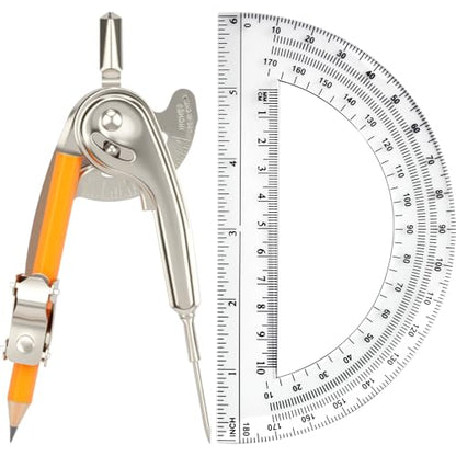 Mototo 2-PCS Geometry Tool Set, Math Compass for Geometry and 6 Inch Protractor Set Include Metal Compass with Pencil and Clear Plastic Protractor for Student Classroom Office Woodworking Art Drawing - style: 2 Pack