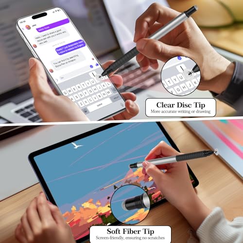 Digiroot Universal Stylus,[2-in-1] Disc Stylus Pens for All Touch Screens Cell Phones, iPad, Tablets, Laptops with 6 Replacement Tips(4 Discs, 2 Fiber Tips Included) - (Silver) - color: Silver