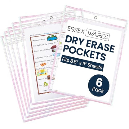 Essex Wares - 6 Pack, Shimmer, Water-Resistant Dry Erase Pocket Document Protectors, 10" Wide x 13.5" Tall - Dry Erase Clear Plastic Sleeves - Reusable & Easy Erase Plastic Invoice Holders - color: Shimmer