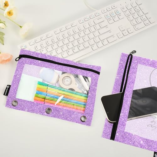 Personalized Pencil Pouch for 3 Ring Binder Lilac Shiny Glitter Custom Pencil Pouches Case Binder Cosmetic Bag 2 Pack for Office School College Supplies - color: Lilac Shiny Glitter