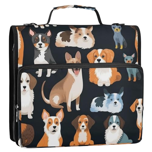 3 Ring Zipper Binder With Shoulder Strap Documents Storage Organizer Animal Dog - color: Animal Dog