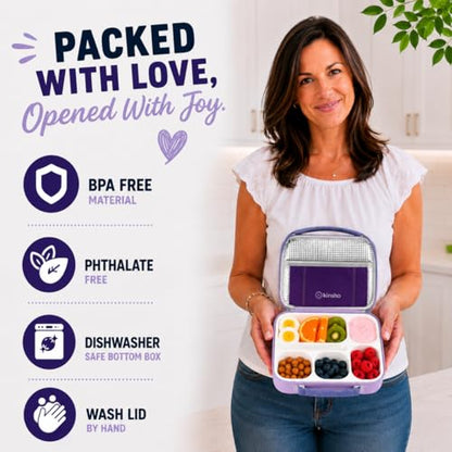 kinsho Lunch Boxes for Kids Girls Teens - Bento Box Set with Insulated Bag and Ice Pack, 6 Compartment Leak Proof Food Container, BPA-Free, Microwave Safe, Ideal for School & Work, Purple - color: Purple