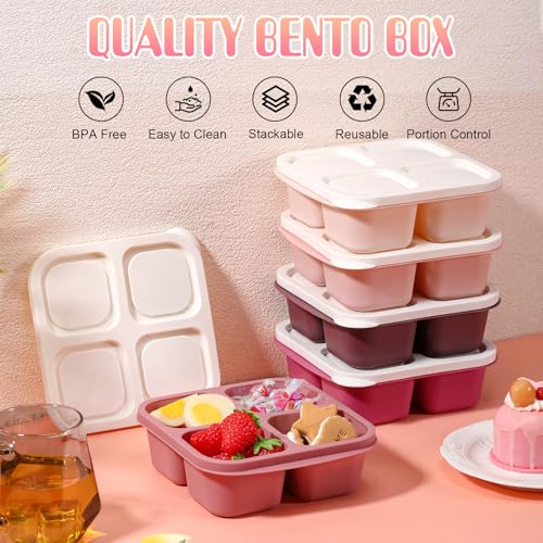 Honeydak 5 Pack Snack Containers 4 Compartment Bento Snack Boxes Reusable Lunchable Containers with Lids Divided Meal Prep Lunch Food Storage Box for School Work Travel(Rose Red Ombre,Equal) - color: Rose Red Ombre, style: Equal