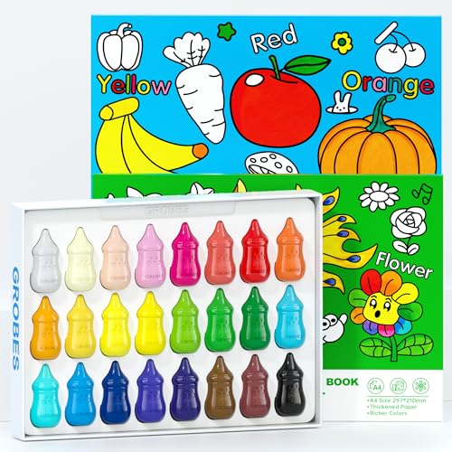 3-in-1 Crayons Themed Set,24 Colors Baby Crayons for Toddlers 1-3, with Two A4 thickened coloring books(FRUITS VEGETABLES+WONDERFUL FOREST), 200+ Elements to Discover & Color - color: 24 Colors+Two A4 thickened coloring books