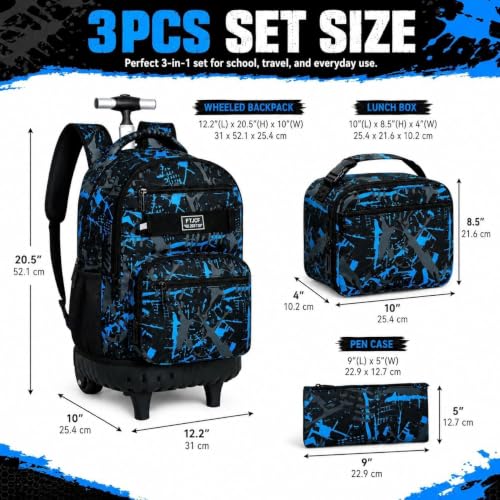 3Pcs Rolling Backpack for Boys, Men Roller Bag with Wheels for Adults, 19 Inche Graffiti Wheeled Bookbag with Lunch Box(Blue) - color: Graffiti Blue