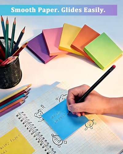 6 Pack Bright Color Sticky Notes 3x3 Inch, 100 Sheets/Pad 600 Total, Adhesive Memo Pads for Office School Home Organization