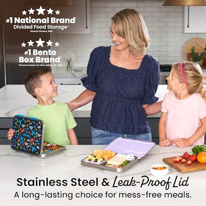 Bentgo Kids Stainless Steel Prints Leak-Resistant Lunch Box - 3-Compartments with Bonus Silicone Container, Durable, Eco-Friendly, Dishwasher Safe, BPA-Free, Ideal for School, Ages 3+ (Dinosaur) - color: Dinosaur