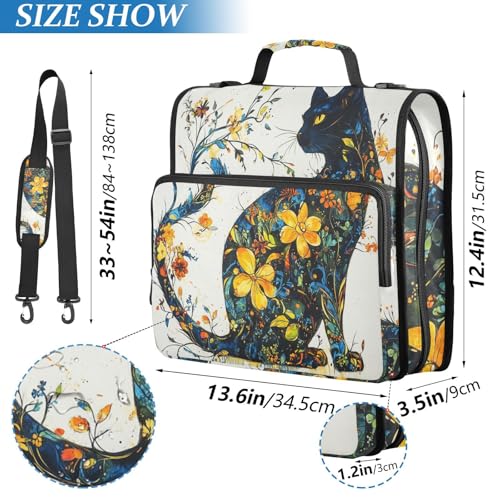 Zipper Binder Cat Flower Cute Black 1.5 inch 3 Ring Binder Bag with Multiple Pockets, 500 Sheet Capacity with Shoulder Strap