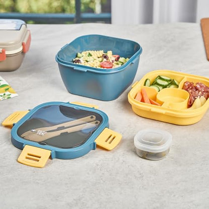 Restaurantware-Bento Tek 57.5 Ounce Bento Box, 1 Reusable Lunch Container - With Fork And Knife, Does Not Contain BPA, Blue And Yellow Plastic Reusable Lunch Box, Microwavable, Dishwashable - size: 1 Count, style: 58 oz - Blue