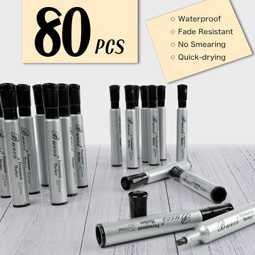 Buecs Permanent Markers, 80 Count Black Permanent Markers, Chisel tip, Waterproof &Fade Resistant, Quick Drying, Office Supplies for School, Office, Home