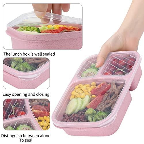 buluker 4 Pack Bento Lunch Box Set 3 Compartment Food Storage Containers Wheat Straw Meal Prep Lunch Box Plastic Food Storage Containers, Microwave and Dishwasher Safe (light colour) - color: 4 Pack（light colour)