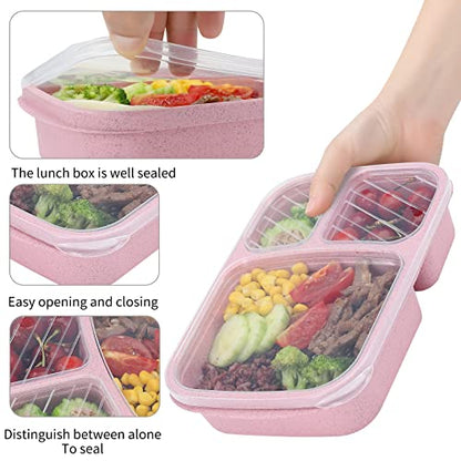 buluker 4 Pack Bento Lunch Box Set 3 Compartment Food Storage Containers Wheat Straw Meal Prep Lunch Box Plastic Food Storage Containers, Microwave and Dishwasher Safe (light colour) - color: 4 Pack（light colour)