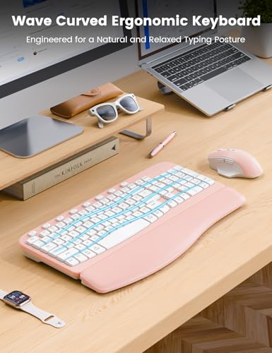 SABLUTE Wireless Keyboard and Mouse Combo with Ergonomic Wave Key | Leather Soft Palm Rest, 2.4G Full Size, 6-Button Mouse, 4-Level DPI, USB-A/C, MA12 Set for PC, Laptop, Windows, macOS (Pink） - color: Blush Pink
