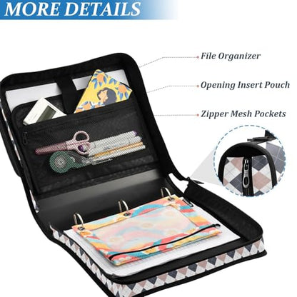 Blue Brown Diamond Checkered Plaid Striped Binder Bag 3 Ring Zipper Binders with Shoulder Strap for School Office Organizer Storage - color: Q004