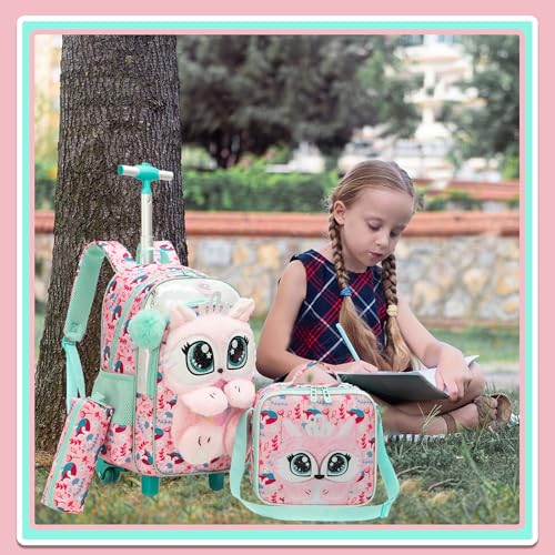 Meetbelify Rolling Backpack for Girls 3D Carton Backpack with Wheels for Elementary Student Kids Plush School Bag with Lunch Box Pencil Case for Girls Ages 6-8 Years Old Pink - color: Pink Fox