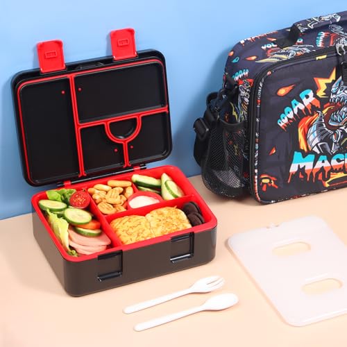 rockpapa Chill Bento Box for Kids- Large 5.5 Cups Lunch Box with Ice Pack - 5 Compartments, BPA-Free, Leak Proof, with Utensils & Portable Handle, Microwave/Dishwasher Safe (Black Dinosaur) - color: Black Dinosaur