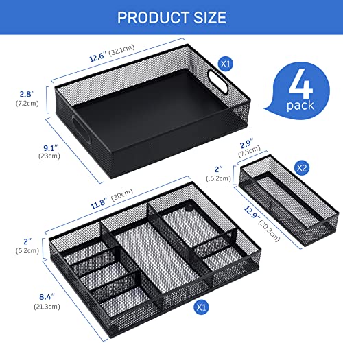 Neudeco Desk Drawer Organizer, 4 Pack Metal Mesh, Black | Adjustable Dividers, Stackable, Pen Organizer, Office Supplies Organizer