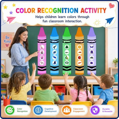 11 Sets Jumbo Size Crayon Bulletin Board 34.7 Inch Colour Recognition Poster Decoration Fruit Animals Plants Bulletin Board for Kindergarten Preschool Learning Classroom Chalkboard Decoration