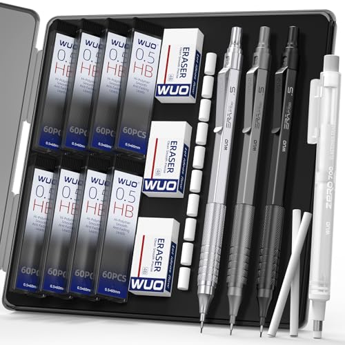 WUO 0.5mm Mechanical Pencil Set, 3 Metal Drafting Pencils with 480 HB Lead Refills, Precision Eraser Pen, 4B Erasers & Case, Mechanical Pencils for Writing, Drawing, Sketching & School - color: Mixed Colors, size: 0.5