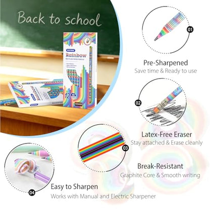 ECOTREE Pencils #2 Pre-Sharpened Pencils for Kids Cute Rainbow Pencil Number 2 Pencil for School, Writing, 12 Count