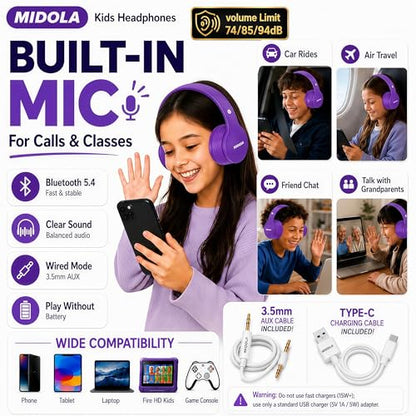 MIDOLA Kids Bluetooth Headphones 68H Play Time,Volume Limit 85/94dB, Foldable Lightweight Wireless Over-Ear Headphone for Kid Toddler Child Pad Tablet,Headsets with Built-in Mic Purple - color: Purple