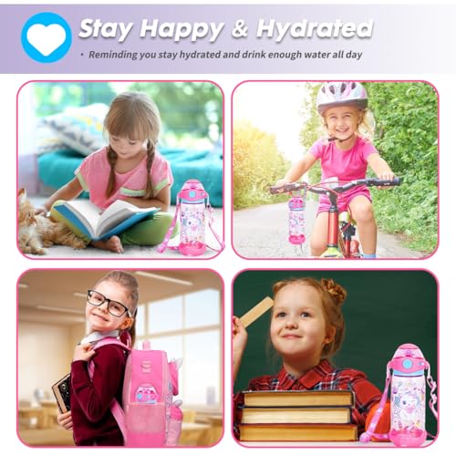 Kids Water Bottle with Straw/Lanyard for School Kids Girls Boys, 22oz BPA Free Child Drinking Water Bottle One-Click-Open Leak-Proof Locking Flip Lid for School Sport Travel - color: H07. Cat