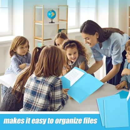 Gueevin 100 Pack Plastic Folder with Pockets, 2 Pocket Folders, Plastic Glossy Folders Fit Letter Size Paper, Heavy Duty Durable File Folder with Business Card for Home Office School (Light Blue) - color: Light Blue