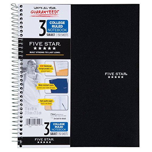 Five Star 06210 Wirebound 3-Subject Notebook, College Rule, 11 x 8 1/2, 150 Sheets, Assorted - size: 150