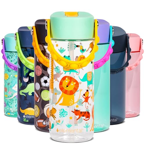 Elemental Water Bottles for Kids - Splash Kids Water Bottle for School with Pop-it Handle - BPA Free Tritan Plastic Water Bottle with Straw Leak Proof when Spout is Closed - Clear Jungle - 18oz - color: Clear Jungle