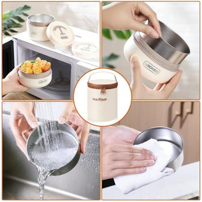 Dandat 2 Pcs Portable Insulated Lunch Containers Thermal Bento Box with Bag Fork Knife Stainless Steel Lunch Box 15.2 oz 21 oz Separate Stackable Food Jar for Adult Men Women(Beige) - color: Beige