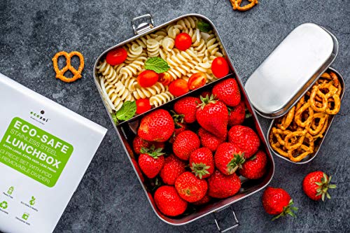 ecozoi Stainless Steel Bento Lunch Box, 50 Oz | 2-compartment Lunch Box with Removable Divider and Bonus Mini Sauce Pod | Leak Proof and Eco Friendly Storage Container for School, Work, and College - size: 2 Compartment 50 Oz