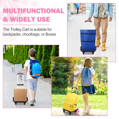 Aluminium Alloy Folding Backpack Trolley Cart, Pink Wheeled Luggage Cart with 3-Section Telescopic Rod for School Bags and Travel - color: Women
