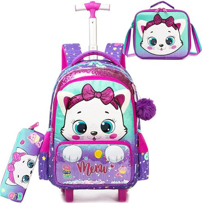 Rolling Backpack with Wheels for Girls Kids Cute Cat Rolling Backpack with Lunch Bag and Pencil Case Set Kids Travel Luggage for Elementary Girls Ages 5-12 - color: 01 Purple Cat