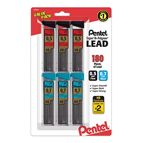 Pentel 슈퍼 하이 폴리머 리드 리필 밸류 팩, (0.5mm 및 0.7mm), 미세/중간 라인, HB, 6개 팩, 심 180개 (C257BPHB6) - size: 1개(1개입)