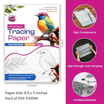 Tracing Paper 8.5x11 Inch - 500 Sheets 41lb/63gsm Transparent Trace Paper for Sketching, Preliminary Drawing, Drafting & Art Projects - Premium Translucent Tracing Paper for Pencil, Marker and Ink - size: 8.5" x 11" (500 Sheet)