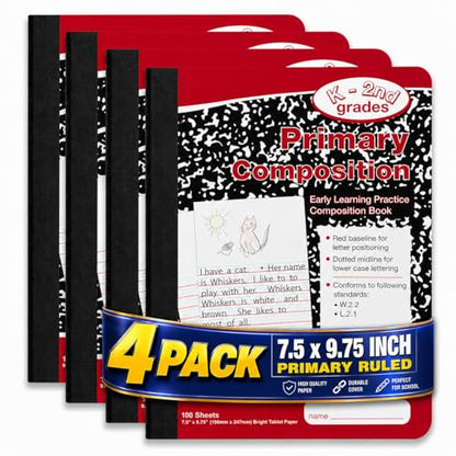 1InTheOffice Primary Composition Notebook K-2, Primary Journal, Kindergarten Notebook, 7.5" x 9.75", 100/Sheets, Red/Black Marble, 4 Pack