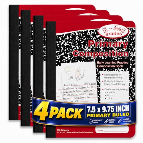 1InTheOffice Primary Composition Notebook K-2, Primary Journal, Kindergarten Notebook, 7.5" x 9.75", 100/Sheets, Red/Black Marble, 4 Pack
