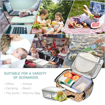 Custom Student Lunch Bag for Boys Girls Orange Checkerboard Personalized Lunch Box With Name Insulated Cooler Bag for School Picnic Travel - color: Multi11