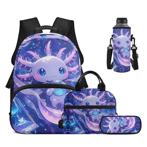 Elementary School Backpack with Insulated Lunch Box, Pencil Case & Water Bottle Holder - 17 Inch Axolotl Crystal Ball Print Bookbag Set for Kids, Child Back to School Supplies - color: Axolotl Crystal Ball