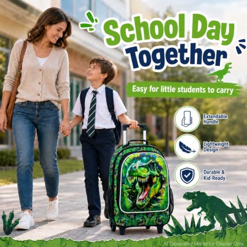 3Pcs Dinosaur Rolling Backpack for Boys, 18" Kids School Backpacks with Wheels, Roller Bookbag with Lunch Box for Preschool Toddler Elementary(Green)
