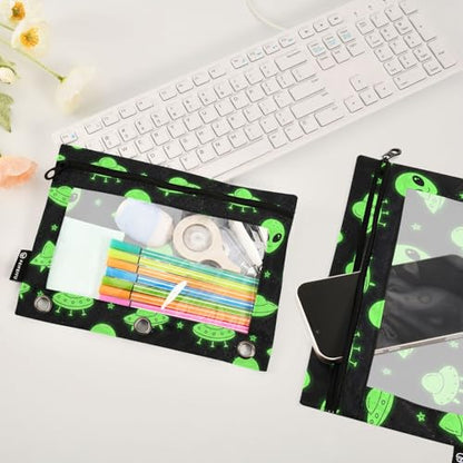 Alien UFO Pencil Pouches for 3 Ring Binder, Zipper Binder Pencil Case, 2 Pack Clear Window Case Bag for Office Organizers - color: Alien Ufo