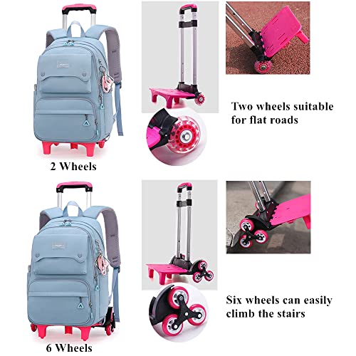 Solid Color Girls Rolling Backpack with Wheels Schoolbag Elementary School Student Trolley Daypack - color: A-pink - Six Wheels, size: 6 Wheels