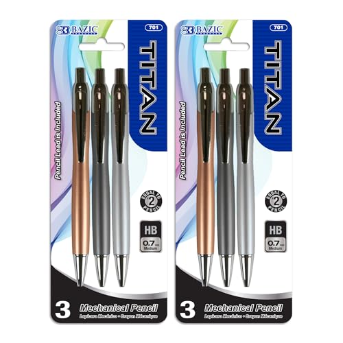 BAZIC PRODUCTS Titan 0.7 mm Mechanical Pencils, HB Lead, 3 Count, 2-Pack | click-advance, refillable, Eraser under cap, school, office, tests, notes, sketching - size: 2-Pack