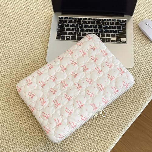 Cute Bow Laptop Sleeve 13 Inch, Puffy & Quilted Protective Case, Aesthetic Padded Computer Cover for Mac-Book, Tablet Compatible - color: Beige-Cute