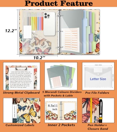 3 Ring 1 Inch Binder Organizer, KLLVE Three Ring Binders with Clipboard, 5-Tabs Pockets Dividers, Plastic Folder, 18 Divider Stikers,Pen Loop (Butterfly, Letter Size) - color: Butterfly, size: 1in（Letter Size）