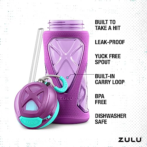 ZULU Torque 16oz Plastic Kids Water Bottle with Silicone Sleeve and Leak-Proof Locking Flip Lid, Soft Touch Carry Loop for School Backpack, Lunchbox, BPA-Free Dishwasher Safe - color: Purple, style: Single