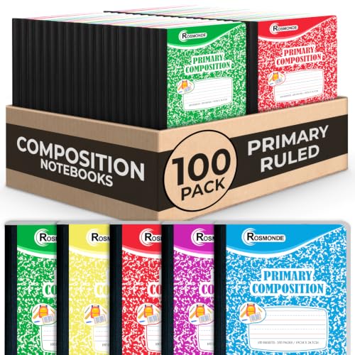 Rosmonde Composition Notebook Bulk, 100 Pack, K-2 Primary Ruled, 200 Pages (100 Sheets), Drawing and Writing Primary Journal, Grades K-2, Bulk School Supplies, Hard Cover With Assorted Colors - size: 100 Pack