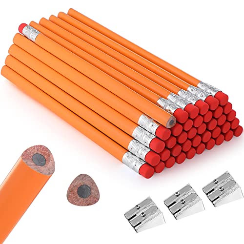 Fainne 48 Pcs Fat Pencils Jumbo Big Thick Large Pencils and 3 Pieces Sharpeners for Kids Beginners Preschoolers Kindergarten School Office Supplies(Orange+Silver,Triangle) - color: Orange+Silver, style: Triangle