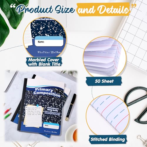 Watersay 60 Pack Primary Ruled Composition Notebook, Grade K-2 Journal 50 Sheets, 7-1/2" x 9-3/4" Primary Composition Book Writing Notebook for Kids Kindergarten Preschool 1st 2nd Grad (Blue) - color: Blue