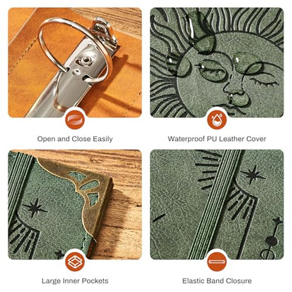 Ovesmusl PU Leather 3 Ring Binder 2 Inch Fits 8.5"x11" Letter Size Paper | 2 Inch Round Ring Binder Holds 500 Sheets, Notepad Paper Cover Loose Leaf Organizer, Green Sun - color: Green Sun, size: 2" Ring
